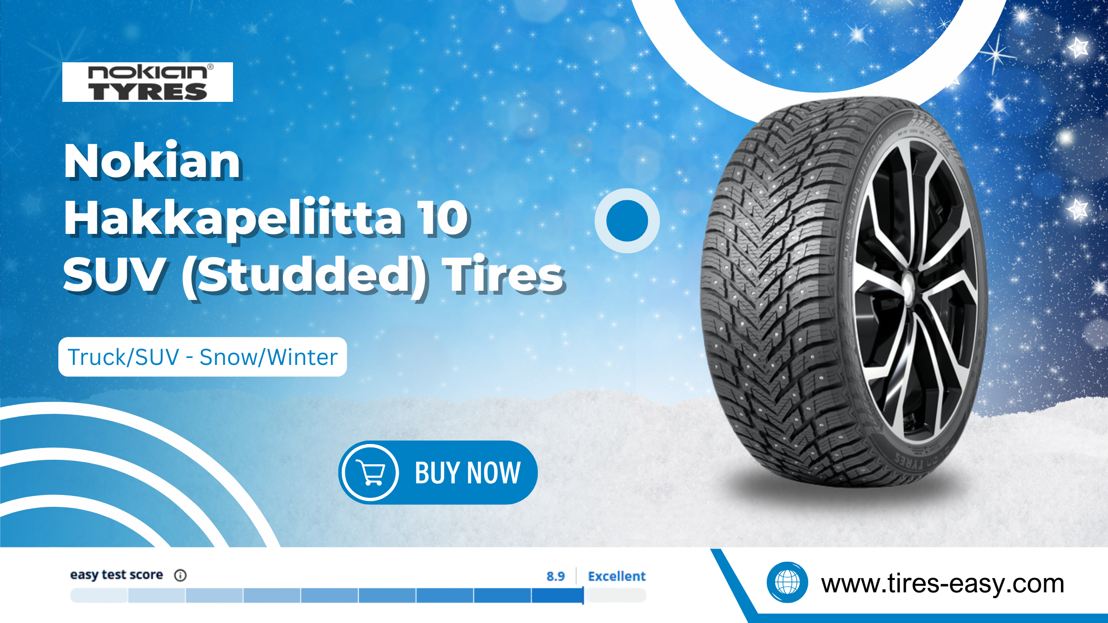 High-performance studded winter tire Nokian Hakkapeliitta 10 SUV providing superior ice grip and braking control for SUVs.