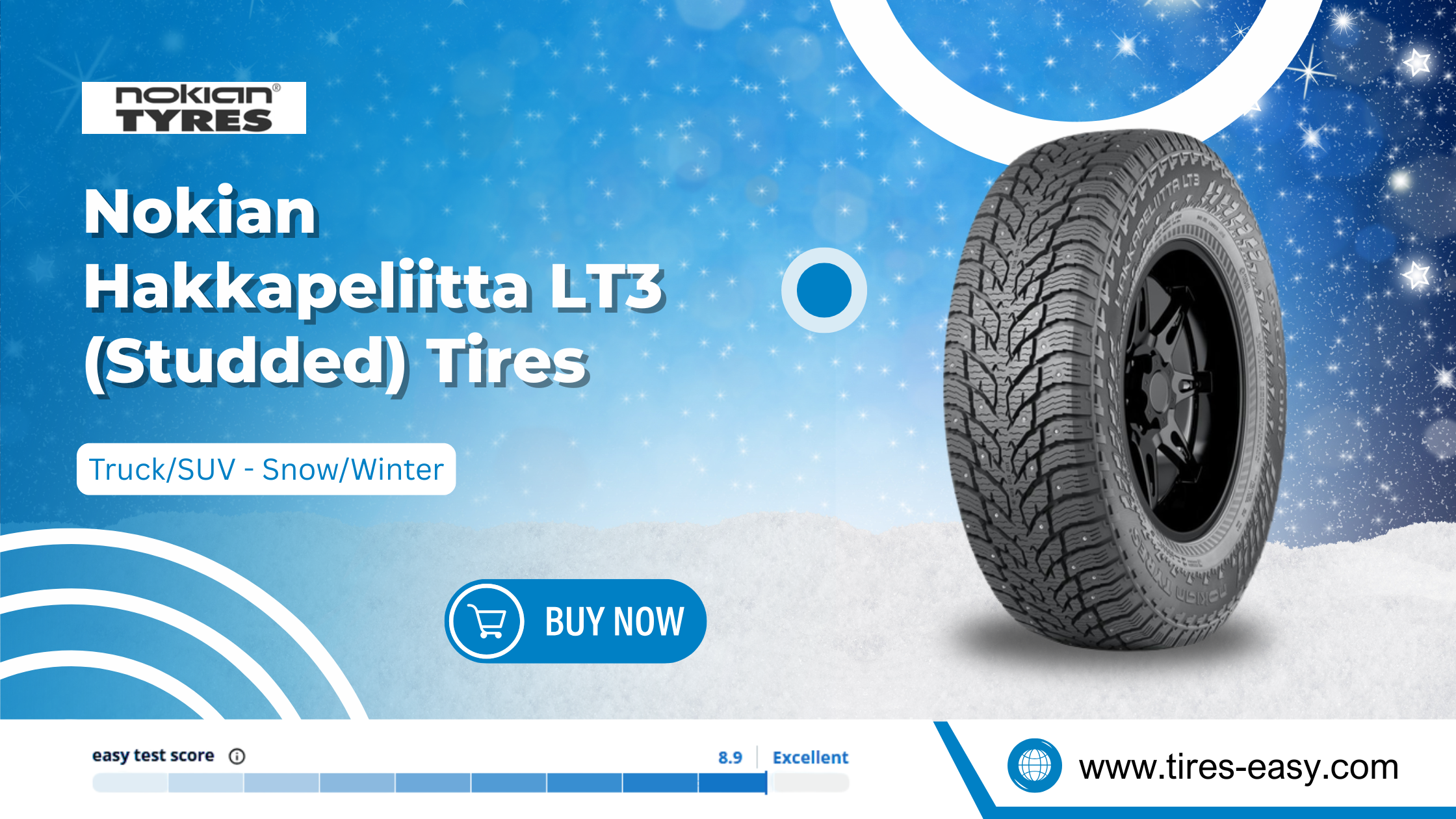Nokian Hakkapeliitta LT3 studded tire designed for trucks and heavy-duty SUVs, offering reliable traction and stability on icy roads.
