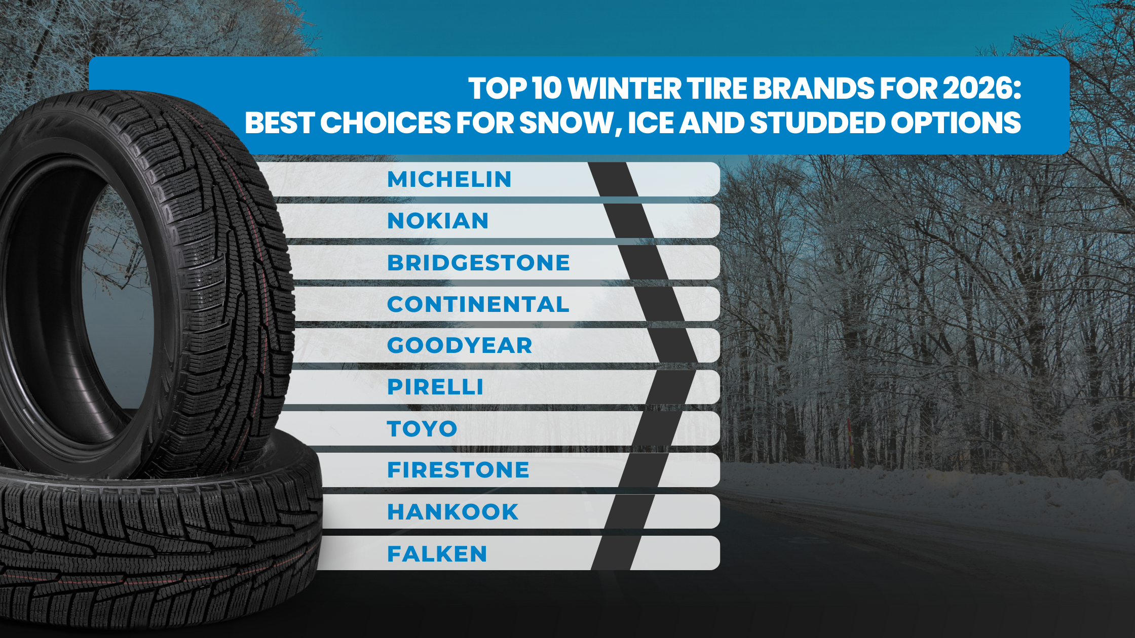 Top 10 winter tire brands for 2026 ranked by performance: Michelin, Nokian, Bridgestone, Continental, Goodyear, Pirelli, Toyo, Firestone, Hankook and Falken. Best choices for snow, ice, and studded tire options.