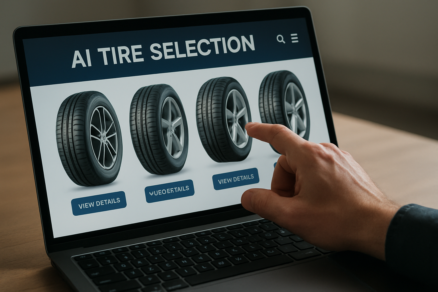 Person selecting tires on an AI-powered digital tire selection interface – illustrating how AI helps customers choose the best tires online.