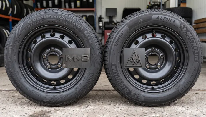 A close-up, side-by-side view of two vehicle tires mounted on rims inside a tire workshop. On the left, a Continental ContiProContact all-season tire is shown with a specific central inlay highlighting the visual "M+S" (Mud and Snow) rating and symbol. On the right, a Michelin Alpin 6 dedicated winter tire is shown with a matching inlay highlighting the "3PMSF" (Three Peak Mountain Snowflake) rating and symbol. The image visually clarifies the distinction between the two distinct cold-weather performance certifications.