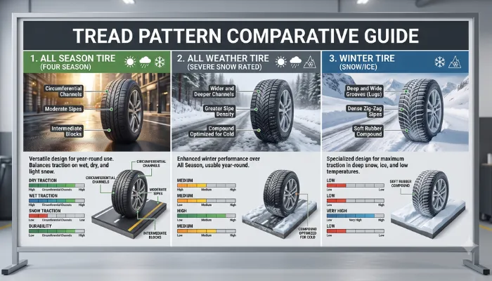 A multi-panel comparison guide titled "Tread Pattern Comparative Guide," visually contrasting all-season, all-weather, and winter tires across three scenarios: sunny and rainy wet roads, light snow, and deep snow/ice. It provides detailed callouts for tread features like siping density, channel widths, and rubber compounds, alongside color-coded performance charts for dry, wet, snow traction, and durability, illustrating how tread design impacts safety in different climates.