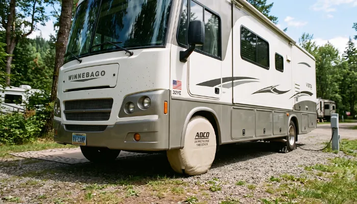 A parked motorhome at a campsite with a beige ADCO UV protective cover placed over its front tire. Protecting your rubber from sun damage and dry rot is a crucial preventative step when asking why do trailer tires blow out in the summer.