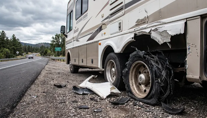 A large RV stranded on the highway shoulder with a violently shredded rear tire and severe fiberglass body damage. This devastating aftermath perfectly illustrates the danger of high heat and underinflation, answering why do trailer tires blow out in the summer.