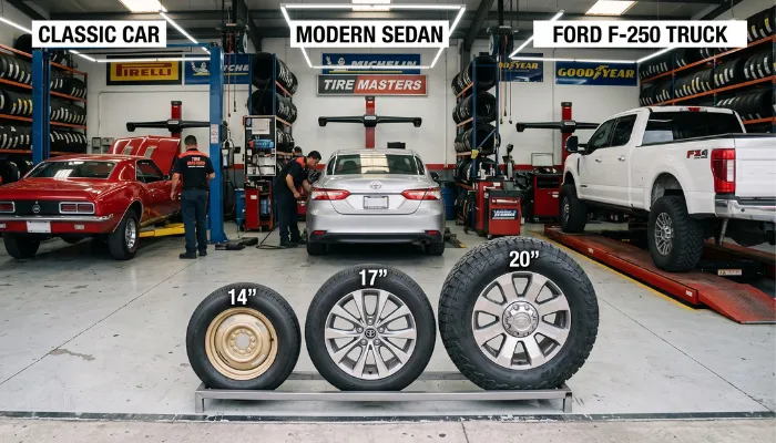 A visual comparison of the Best 15", 16", and 17" tires available in a modern tire shop, highlighting options for classic cars, daily commuters, and heavy-duty trucks.