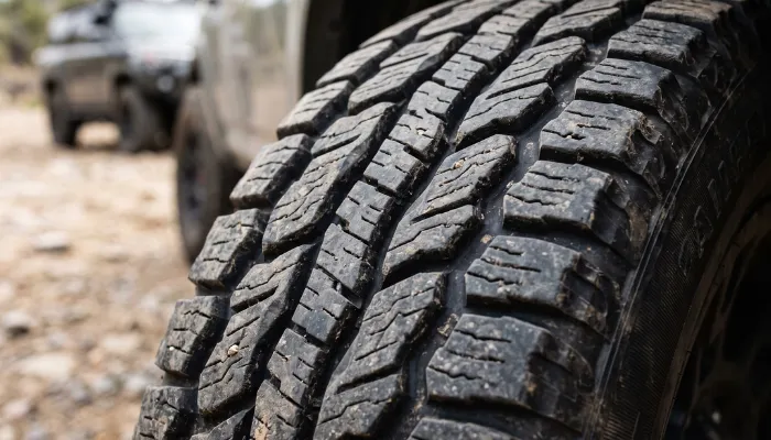 Close-up of aggressive all-terrain tires tread blocks and large void ratios, which are the primary cause of highway hum and reduced MPG during a daily commute.