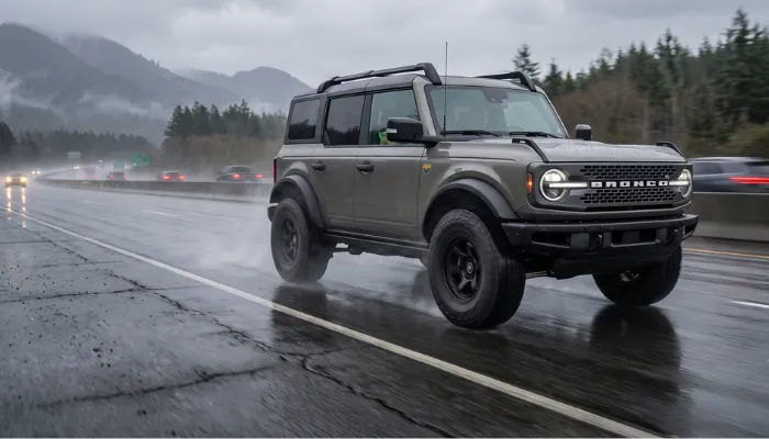 A modern Toyota Tacoma driving smoothly on a paved highway equipped with aggressive rubber, illustrating the common question: are all-terrain tires good for daily driving?