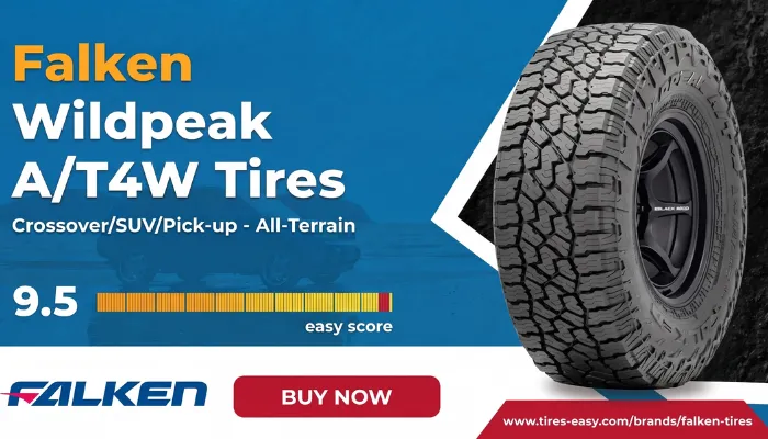 Promotional banner for Falken Wildpeak A/T4W tires featuring a 9.5 easy score rating, making it a top compromise choice when asking are all-terrain tires good for daily driving.