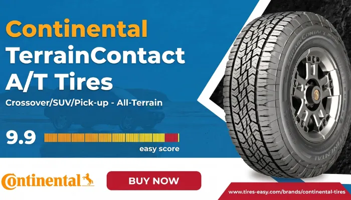 Promotional banner for Continental TerrainContact A/T tires showing an impressive 9.9 easy score, highlighting wet-road safety and silence for daily commuters.