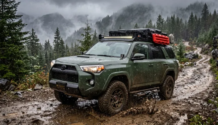 Toyota 4Runner driving on a snowy trail equipped with premium severe snow rated all-terrain tires.