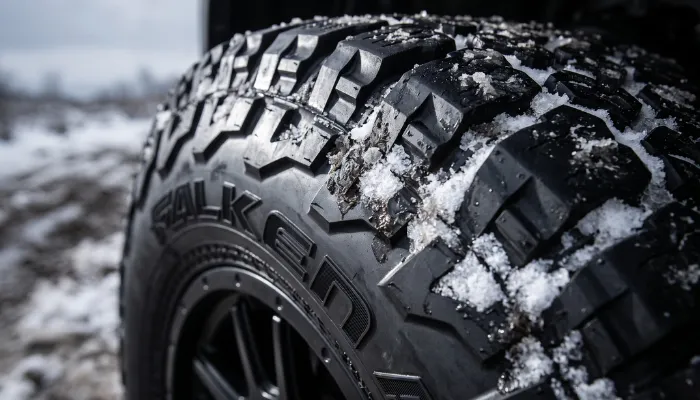 Aggressive sidewall lugs and deep snow sipes on the Falken Wildpeak AT4W all-terrain tire