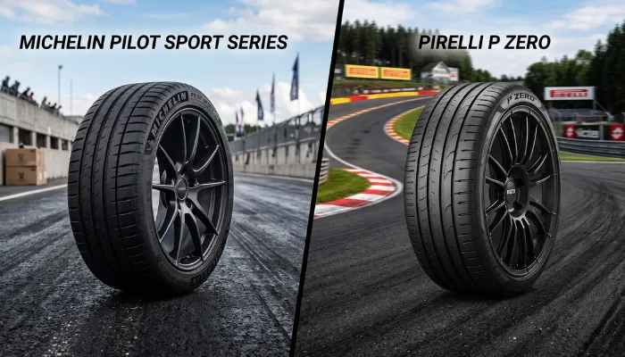 Michelin vs Pirelli high-performance tire comparison on a race track.