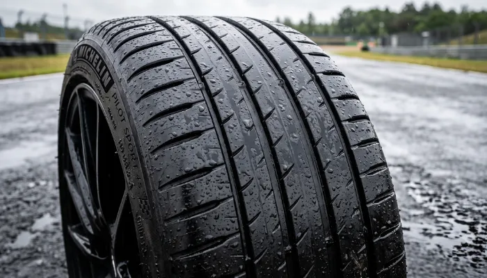 Close-up of Michelin Pilot Sport 4S tire tread demonstrating excellent wet traction.