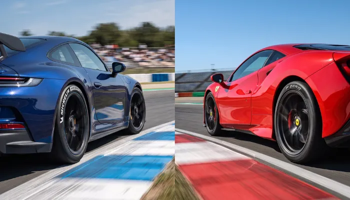 Michelin vs Pirelli high-performance tire comparison on a race track.