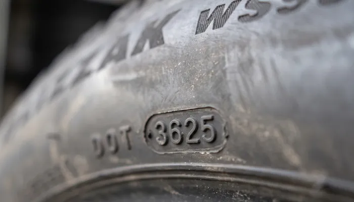 DOT date code on a tire sidewall used to check the age of discontinued Blizzak WS90 closeout stock.