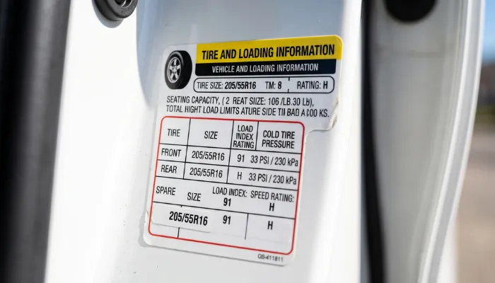 Driver door placard listing exact tire size and load index for correct winter tire fitment.