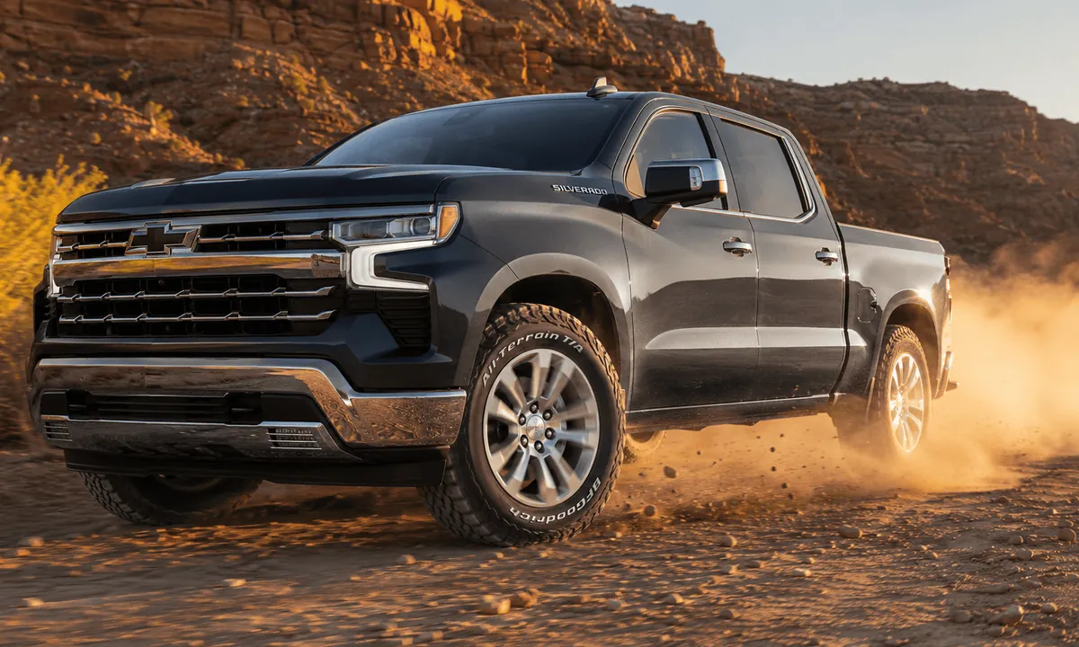 BFGoodrich All-Terrain T/A KO3 on a pickup truck kicking up dust on a dirt trail
